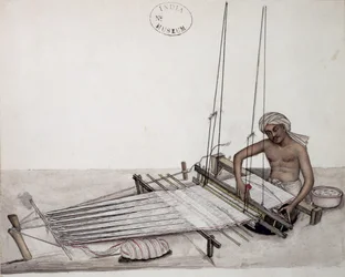 AS10 Vol.52 f5 4904 cat.201 i-iv Weaver en un telar, Bombay, c.1873 (acuarela sobre papel)