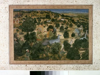 AURANGZEB: Awrangzib caza a Nilgais, c.1660 (miniatura)