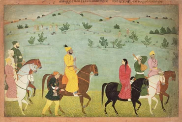 Un príncipe de Jasrota, posiblemente Balwant Singh, en una expedición a caballo, por Nainsukh (fl. 1740-50) Cachemira, c.1751