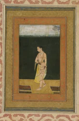 Una dama camina en un jardín, folio de álbum con pintura, c.1730
