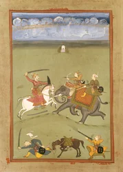 Un príncipe luchando contra sus enemigos en un elefante, c.1710