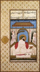 Un gobernante sufí nimbado leyendo un Corán en una terraza, c. 1700