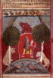 Una serpiente cobra es capturada en un bosque poblado de animales. Miniatura de la escuela de Malwa (India) alrededor de 1680. Colección privada