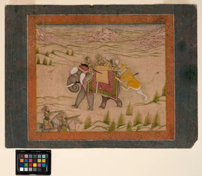 Un león ataca a un grupo de caza sobre un elefante, c.1810