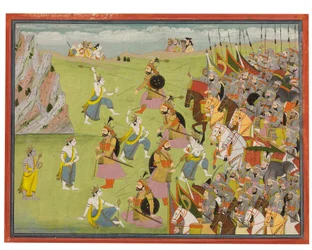 Una pintura del Mahabharata: Balabhadra luchando contra Jarasandha, Kangra o Garhwal, c.1810-20