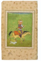 Una pintura de Iraj a caballo cazando con un halcón, India, Período Mughal, finales del siglo XVI