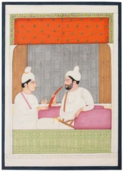 Un retrato de Raja Sansar Chand de Kangra y su hijo Aniruda Chand, Kangra, Punjab Hills, Norte de India