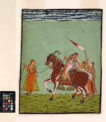 Una mujer a caballo con tres asistentes, c.1735