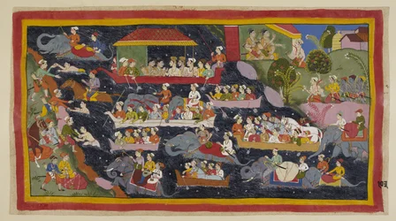 Add 15296 (1) f.103r, Los dos príncipes ahora han decidido usar prendas de ascetas como sus hermanos exiliados. Todavía en su campamento a la derecha, Bharata le dice a Guha que busque suficientes botes para llevarlos a todos a la orilla opuesta del río. e
