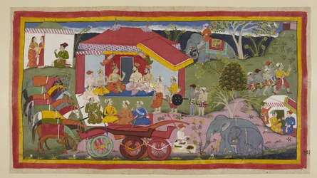 Add 15296 (1) f.104r, En una escena de campamento, Guha el Nishadaking se introduce en la reunión de los príncipes, brahmanes y ministros. Los caballos, sin yugo de los carros, se paran en una línea atados y cojean, mientras un mahout prepara pólvora para 