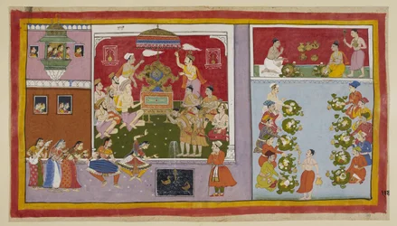 Add 15296 (1) f.106r, A través de sus poderes mágicos, Bharadvaja ha conjurado un palacio en un terreno de recreo para el entretenimiento y refrigerio de sus invitados. Bharadvaja y los demás ascetas y brahmanes se sientan en la sala del trono, mientras lo