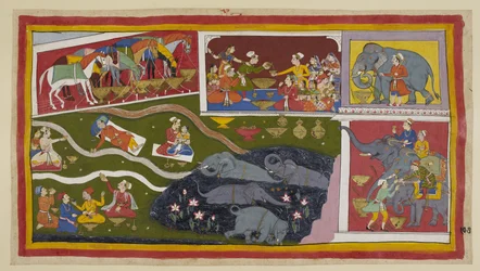 Add 15296 (1) f.107r, Los caballos, elefantes y soldados también disfrutan de la hospitalidad de Bharadvaja. Los caballos, cojos y atados, comen de grandes platos de oro; igualmente los elefantes, presentados aquí con caña de azúcar. Los elefantes se bañan
