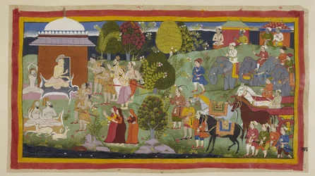Add 15296 (1) f.108r, Bharadvaja, sentado fuera de su choza con otros ascetas y ciervos, pregunta a los príncipes si han disfrutado de su hospitalidad. Les dice a ellos y a sus compañeros que Rama vive en Citrakuta. A petición suya, los príncipes intr.