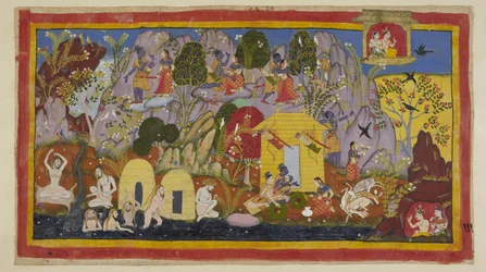 Add 15296 (1) f.111r, Mientras tanto, todo está en paz con los exiliados en su morada en la montaña Citrakuta. Rama señala sus bellezas Sita - las muchas variedades de hermosos árboles y pájaros, las rocas coloreadas con gemas y minerales, y el río Mandaki