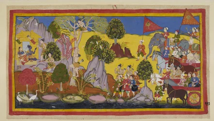 Add 15296 (1) f.112r, El tumulto del ejército que se acerca ha alarmado a Rama, y le dice a Laksmana que se suba a un árbol para averiguar qué está causando el estruendo. Laksmana sube a un árbol sala en flor y reconoce a lo lejos el estandarte de Bharata 
