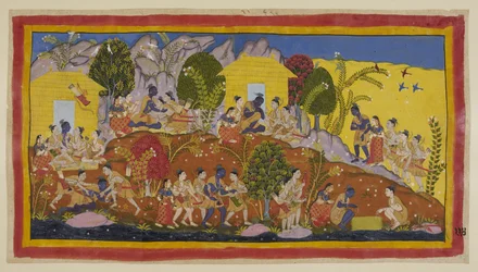 Add 15296 (1) f.114r, En la parte superior del centro, Bharata y Shatrughna se arrojan a los pies de Rama, quien abraza a sus hermanos menores y huele las cabezas de Sitaeir. Rama los toma en su regazo mientras pregunta por su bienestar y el de su padre, y