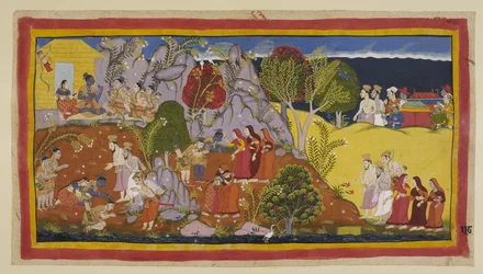Add 15296 (1) f.118r, Los brahmanes y las reinas en sus literas se acercan. Kausalya señala el lugar junto al río donde Rama ofreció el agua ritual y lamenta la lamentable calidad de las pindas, como se las ofreció a su difunto esposo. Los tres exiliados t