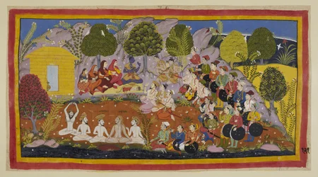 Add 15296 (1) f.121r, Rama está sentado en una estera frente a los dos hermanos, con las tres reinas y Sita a su derecha. Bharata continúa instando a Rama a que regrese a Ayodhya para ser coronado, argumentando que su padre había pecado contra él por temor