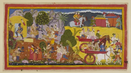 Add 15296 (1) f.126r, A pesar de los ruegos de su hermano para volver a gobernar Ayodhya, Rama se mantiene firme en adherirse al mandato de su padre. Finalmente logra persuadir a Bharata para que gobierne el reino hasta su regreso después de catorce años. 