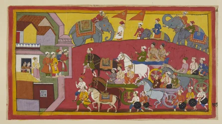 Add 15296 (1) f.128r, Los carros de Vasistha y los príncipes, asistidos por varios ministros y personas, entran en la ciudad de Nandigrama.