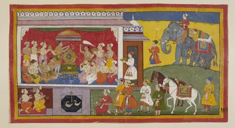 Add 15296 (1) f.129r, En la sala del trono en NandigRama, Bharata coloca en el trono las sandalias de Rama y con los sacerdotes y ministros reunidos los instala como gobernantes de Ayodhya. De ahora en adelante son tratados como el mismo Rama. Los dos prín