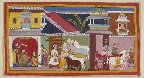 Add 15296 (1) f.13r, A la derecha, Rama deja el palacio de Dasharatha en un carro para regresar a su propio palacio, mientras que el rey, arriba, mira por una ventana alfombrada de jharokha a su hijo que se va; a la izquierda, hombres que traen noticias de