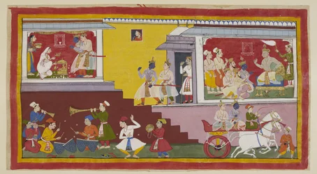Agregue 15296 (1) f.14r, a la derecha, Dasaratha nuevamente le dice a Rama que lo hará rey, con Vasistha, Laksmana, otro brahmán y ministros presentes. Rama y Laksmana luego dejan que el rey llame a Kausalya a la izquierda, quien, vestido de blanco, es wor