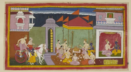 Add 15296 (1) f.15r, A la izquierda, Vasistha llega al palacio de Rama y con la ayuda de Rama se baja de su carruaje, ya la derecha, sentado con Rama, le aconseja observar un ayuno esa noche según las instrucciones del rey. Un montón de hierba kusa para Ra