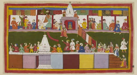 Add 15296 (1) f.16r, En la calle principal de la ciudad de Ayodhya, los comerciantes emocionados están decorando sus tiendas con sus brocados más finos, mientras la gente se sube a los techos de las casas y sobre los templos, para asegurar el mejor vista d