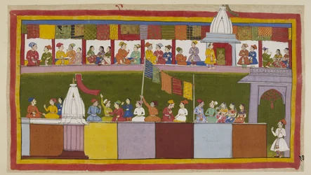 Add 15296 (1) f.17r, La misma calle en la ciudad de Ayodhya ahora está completamente decorada, con la gente esperando la procesión. Se cuentan lo sabio que es el rey y lo afortunados que son de tener a Rama como su nuevo protector.