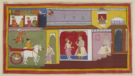 Add 15296 (1) f.18r, Vasistha regresa al palacio y le dice a Dasaratha que todo está preparado para la ceremonia. Dasaratha se retira a una cámara interior del palacio. Arriba, el sirviente de Kaikeyi, Manthara, mira por una ventana superior y observa el e