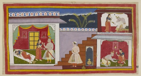 Add 15296 (1) f.24r, Kaikeyi se ve primero a la izquierda durmiendo despeinada, como en la imagen anterior, y luego se levanta de su cama para persuadir a su esposo de que le conceda las dos bendiciones que Dasaratha le había prometido anteriormente. A la 
