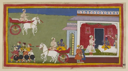 Add 15296 (1) f.29r, Sumantra llega en un carro al palacio de Rama, lo encuentra sentado en un sofá, ahora vestido con dhoti amarillo y uttaraiya en lugar de su traje contemporáneo anterior, y con Sita ondeando una bufanda sobre él. Su frente está ungida c