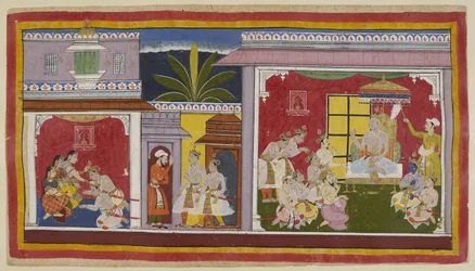 Add 15296 (1) f.2r, En la sala del trono en Ayodhya (derecha), el rey Dasharatha está sentado con sus cuatro hijos, su ministro Sumantra y su principal sacerdote Vasistha. Yudha jit, hermano de la reina Kaikeyi y tío materno de Bharata, ha venido para llev