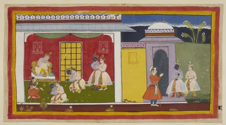Add 15296 (1) f.31r, Rama y Laksmana a la derecha, con Rama ahora vestido con un traje de corte contemporáneo, se acercan a la puerta del palacio de Kaikeyi y, dejando sus sandalias en la puerta, entran en la sala de audiencias. Se arrodillan respetuosamen
