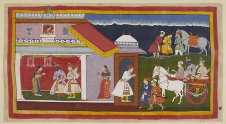 Add 15296 (1) f.41r, Habiendo finalmente persuadido a su madre y hermano para que aceptaran tranquilamente su destino, Rama y Laksmana regresan a su propio palacio en el carro, la cabeza de Rama inclinada en su acostumbrada humildad. Se encuentran con Sita