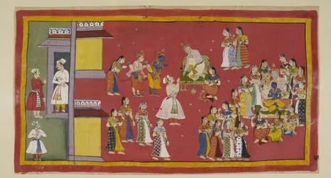 Add 15296 (1) f.50r, Dasharatha había ordenado previamente a Sumantra que convocara a sus reinas y a todas sus esposas, quienes ahora rodean al rey cuando Sumantra trae a los exiliados para despedirse. Dasaratha trata de persuadir a Rama de que no vaya al 