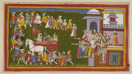 Add 15296 (1) f.56r, Rama, su esposa y su hermano viajan en un carruaje conducido por Sumantra y están rodeados por la afligida gente del pueblo, cuyas lágrimas levantan el polvo levantado por el avance del carruaje. Dasaratha se apresura a salir de su pal