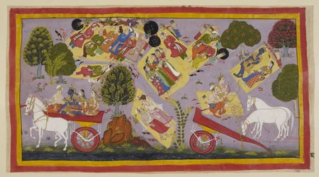 Add 15296 (1) f.61r, Los exiliados han llegado al río Tamasa y pasan la noche en sus orillas, aún rodeados por los afligidos habitantes del pueblo. Sita y Rama yacen durmiendo en un lecho de hierba, mientras Laksmana y Sumantra hablan de las virtudes de Ra