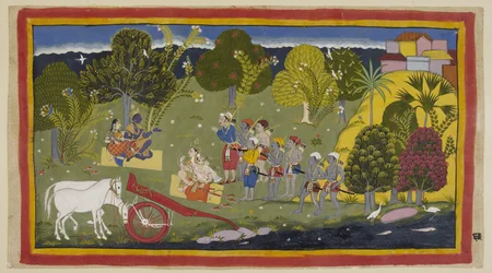 Add 15296 (1) f.63r, Los compañeros han llegado al río Ganga en Srngaverapura Rama y Sita están sentados en una estera de paja debajo de un árbol, que se supone que es un árbol ingudi, mientras que Laksmana y Sumantra están sentados de manera similar frent