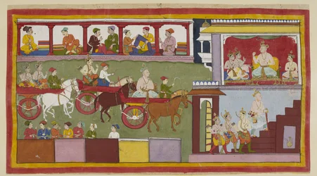 Añadir 15296 (1) f.6r, Tres carros llevan al rey, su hijo y los dos jóvenes príncipes a través de un bazar. Los frentes de las tiendas lejanas son visibles con comerciantes que venden telas, y las traseras de las de abajo. En su palacio a la derecha, el an