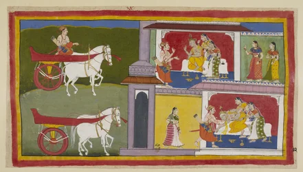 Add 15296 (1) f.72r, A la izquierda, Sumantra regresa a Ayodhya y entra al palacio para dar el último mensaje de Rama al rey, quien está sentado con Kausalya y Sumitra a su lado. El rey cae desmayado y es atrapado por Sumantra y las reinas.