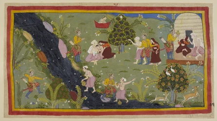 Añadir 15296 (1) f.79r, Dasaratha cuenta a las reinas el incidente de su juventud cuando mató accidentalmente al hijo de un sabio mientras cazaba. A la izquierda, Dasaratha apunta por error con su arco a través de los árboles al joven, que está llenando su