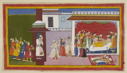 Add 15296 (1) f.80r, Bardos, músicos y bailarines llegan por la mañana a la puerta de la cámara del rey para despertarlo, mientras dentro un grupo de mujeres intenta despertarlo y descubre que está muerto. Kausalya y Sumitra, exhaustos por su