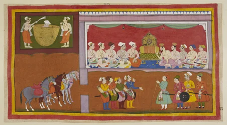 Agregue 15296 (1) f.82r, En ausencia de sus hijos, el cuerpo del rey se coloca en un caldero de aceite, con asistentes abanicándolo con reverencia, mientras que en el salón durbar, los ministros y los brahmanes debaten qué hacer, a ambos lados del vacío. t