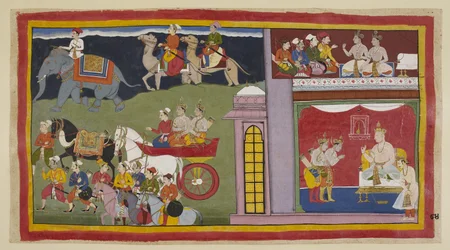 Add 15296 (1) f.84r, Los mensajeros, en una cámara superior, dicen a los príncipes que regresen a Ayodhya. Abajo, en la sala del trono, vestidos para el viaje, los príncipes se despiden del rey Kaikeyi y de su hijo Yudhajit. Se sientan en un carro con el m