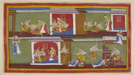 Add 15296 (1) f.89r, En la parte superior derecha, Bharata y Shatrughna saludan a Kaikeyi, quien los sienta en su regazo, y conversan sobre acontecimientos recientes. Bharata se desmaya cuando se entera de la muerte de su padre y de lo que ha hecho su madr