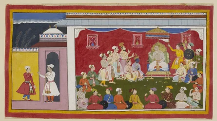 Add 15296 (1) f.8r, Dasaratha está sentado en su trono en pleno durbar, con Rama y Laksmana arrodillados a su lado, mientras el mensajero enviado por Bharata desde la corte de su abuelo le dice al rey Sitae cuán diligentemente están estudiando sus otros do