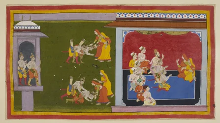 Add 15296 (1) f.90r, Los príncipes van a encontrarse con sus otras madres en su zenana, pero Kausalya y Sumitra, vestidos con saris de luto de color rojo y amarillo, al enterarse de su regreso, ya han partido para encontrarse. a ellos. Kausalya reprocha a 