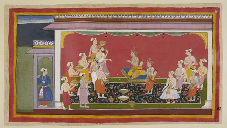 Add. 15296 (1) f. 96r Bharata y Shatrughna han celebrado los ritos funerarios de su padre y, catorce días después, tras el periodo de luto prescrito, los sacerdotes encabezados por Vasistha y los ministros llevan a Bharata los objetos necesarios para la